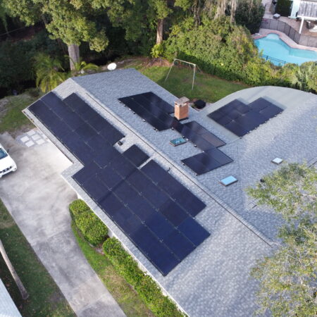 aerial view of a Lakeland solar array on the roof of a home.