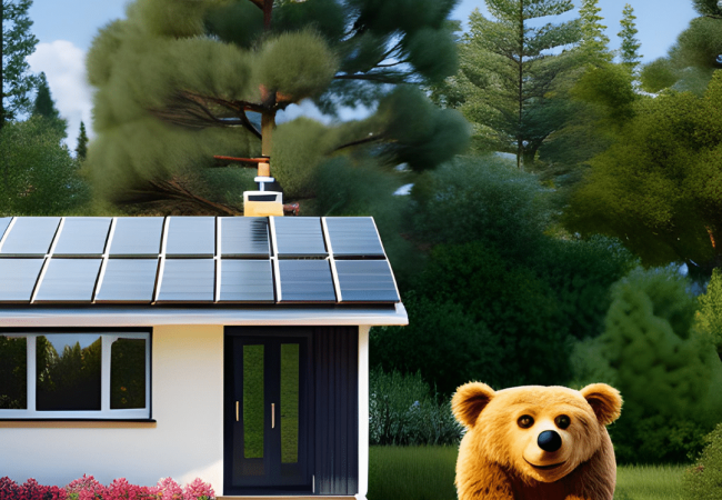 image of a light-brown bear standing outside a home with a black solar system on the roof.